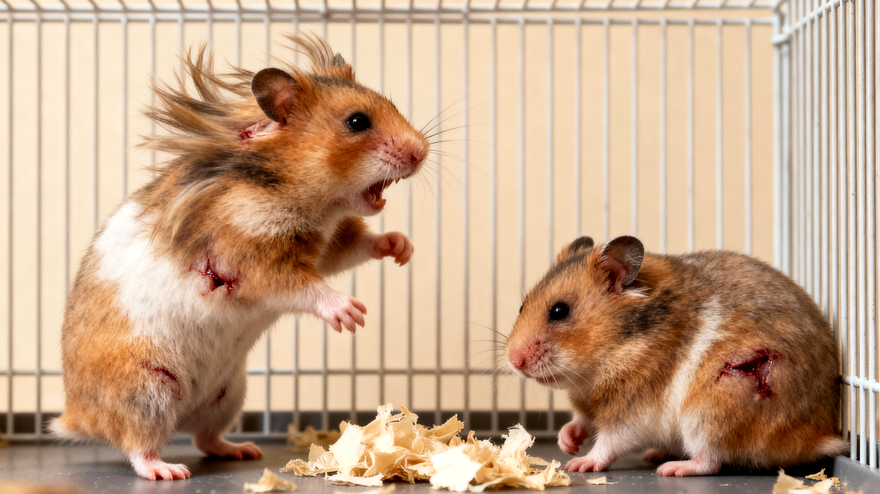 Hamster zeigen territoriales und aggressives Verhalten gegenüber anderen Hamstern oder Haustieren, was zu Stress, Verletzungen und Schwierigkeiten bei der Vergesellschaftung führt"
